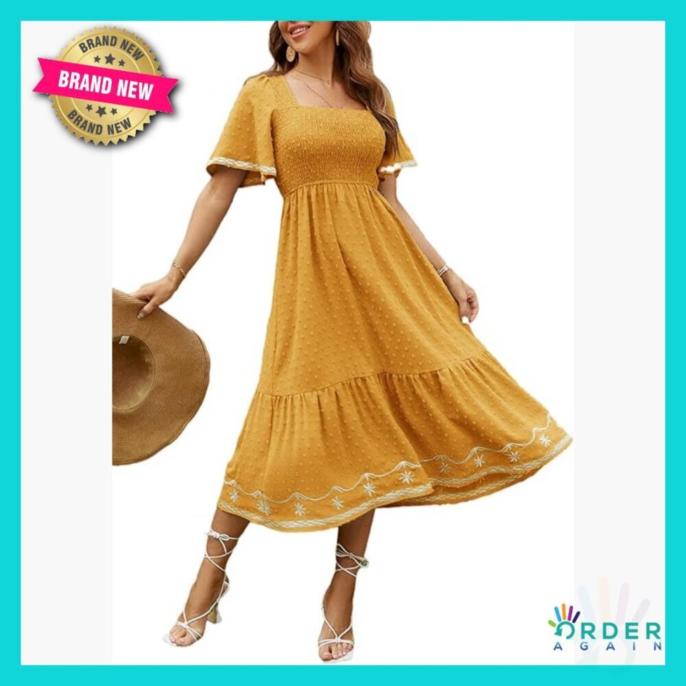 Short Sleeve Smocked Square Neck A Line Maxi Dress Flowy Summer Chic